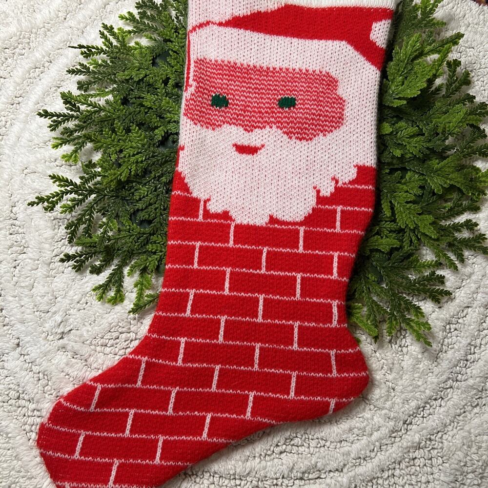 Vintage Santa Claus in Chimney Brick Green Eyes Bow Mid Century Hand Made Knit